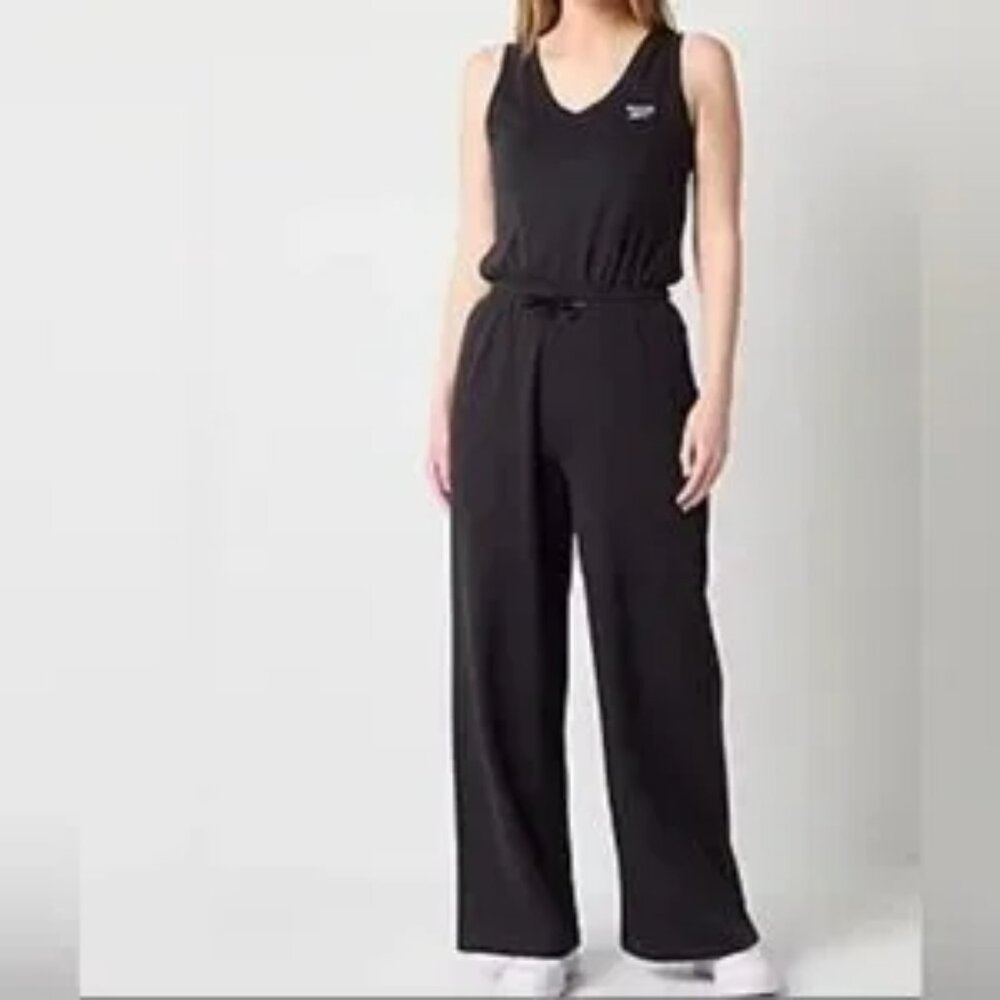 Reebok Jumpsuit M Black Romper Pants Straight Leg Cotton Pockets Fleece Lounge